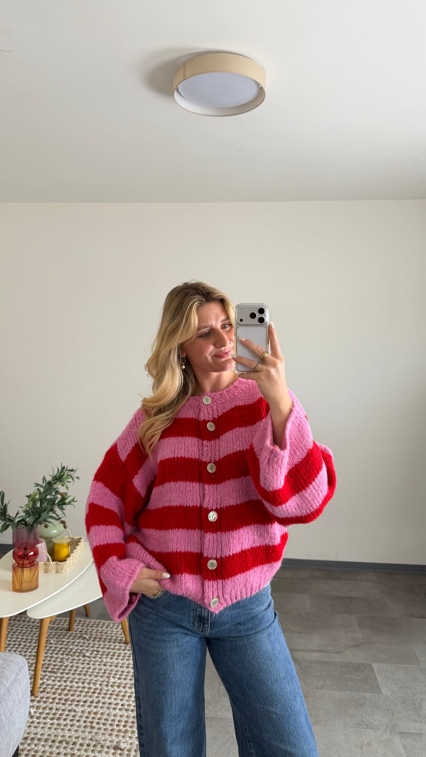 HIGH NECK BUTTON STRIPE CARDIGAN CHERRY