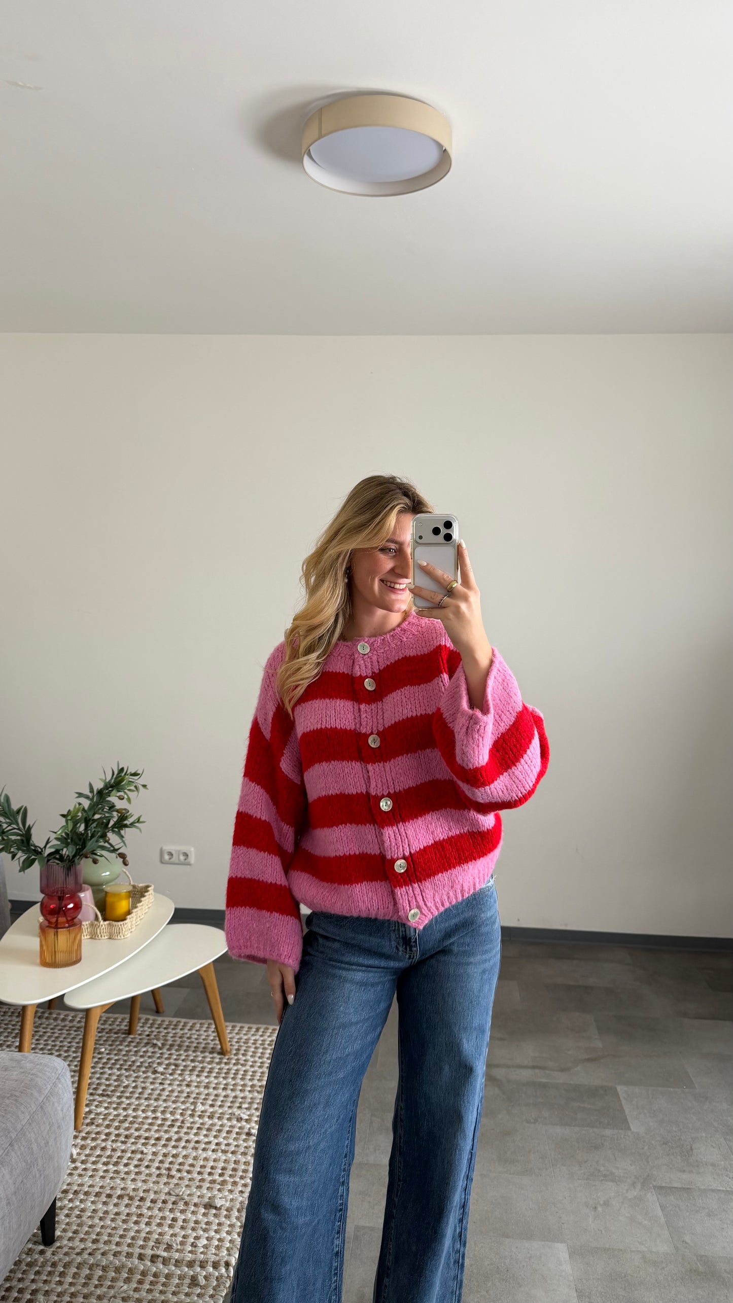 HIGH NECK BUTTON STRIPE CARDIGAN CHERRY