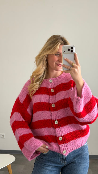 HIGH NECK BUTTON STRIPE CARDIGAN CHERRY