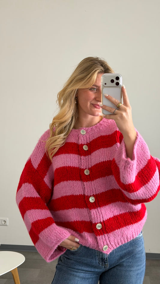 HIGH NECK BUTTON STRIPE CARDIGAN CHERRY