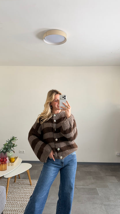 HIGH NECK BUTTON STRIPE CARDIGAN ESPRESSO