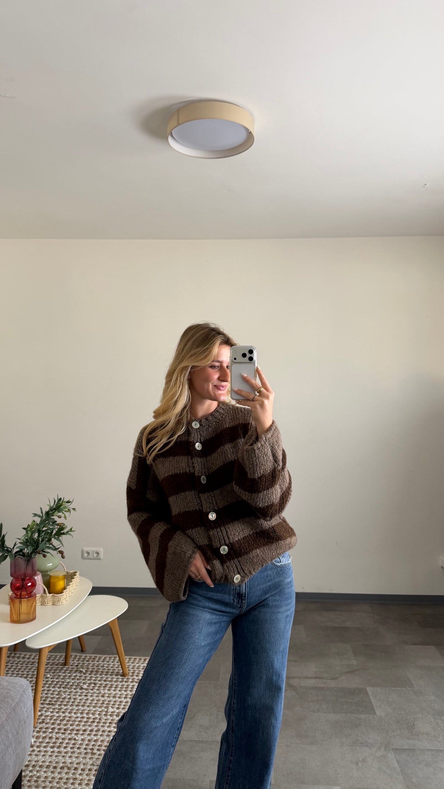 HIGH NECK BUTTON STRIPE CARDIGAN ESPRESSO