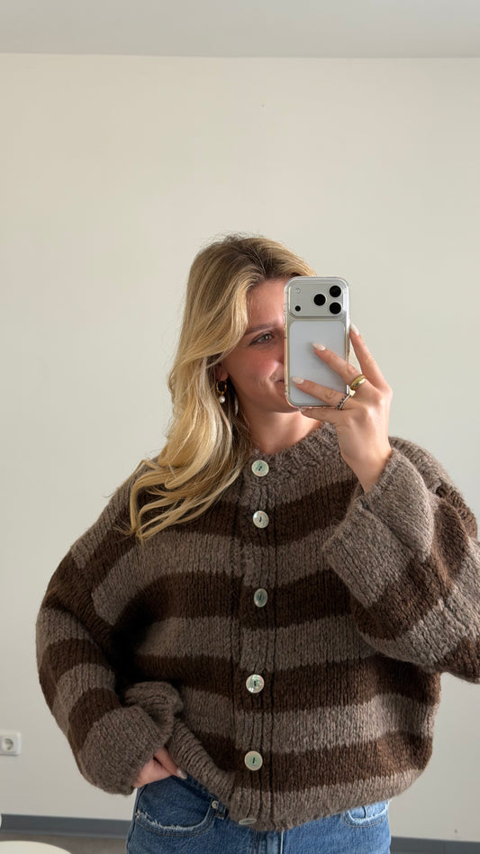 HIGH NECK BUTTON STRIPE CARDIGAN ESPRESSO