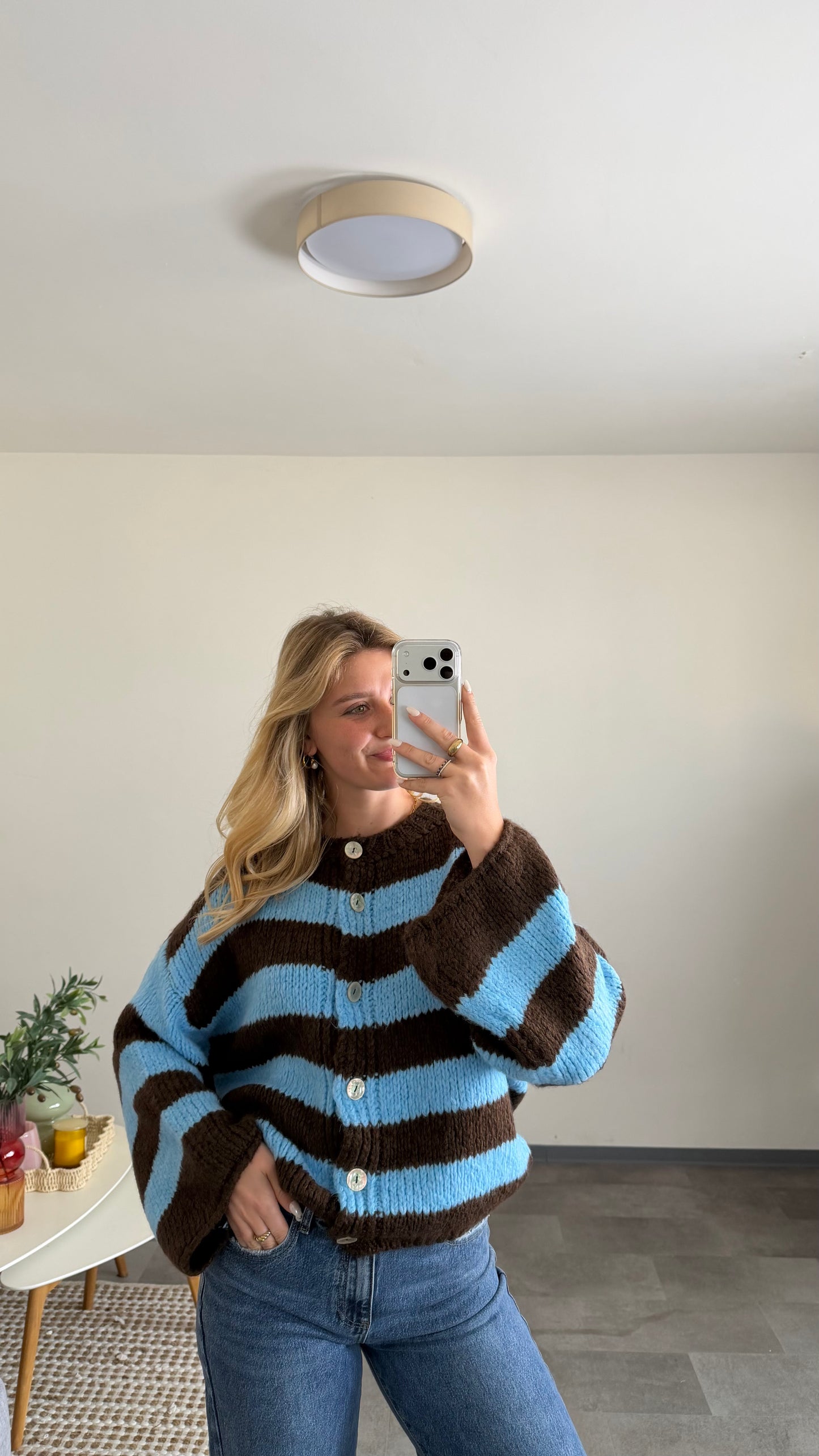 HIGH NECK BUTTON STRIPE CARDIGAN BROWN BLUE