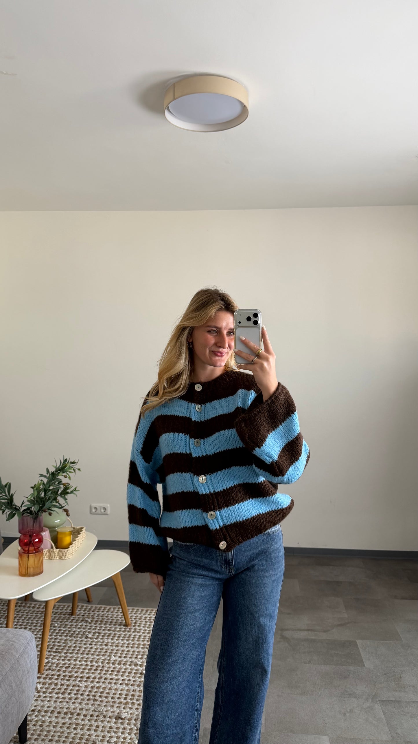 HIGH NECK BUTTON STRIPE CARDIGAN BROWN BLUE