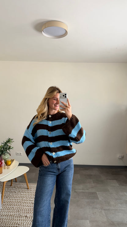 HIGH NECK BUTTON STRIPE CARDIGAN BROWN BLUE