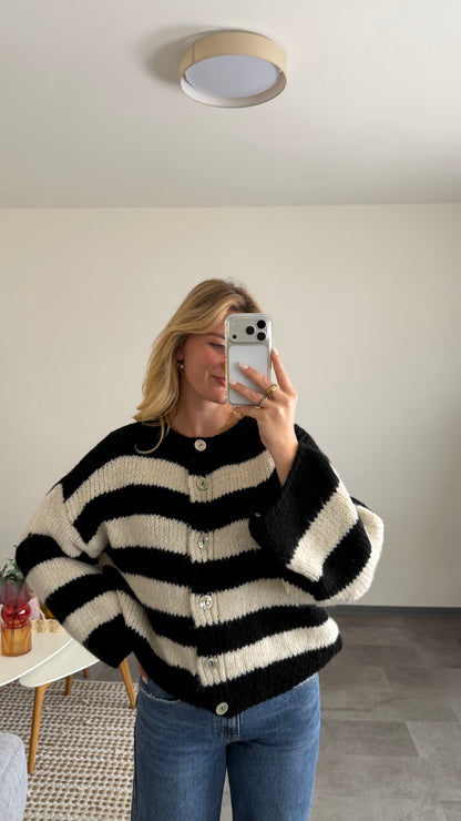 HIGH NECK BUTTON STRIPE CARDIGAN BLACK WHITE