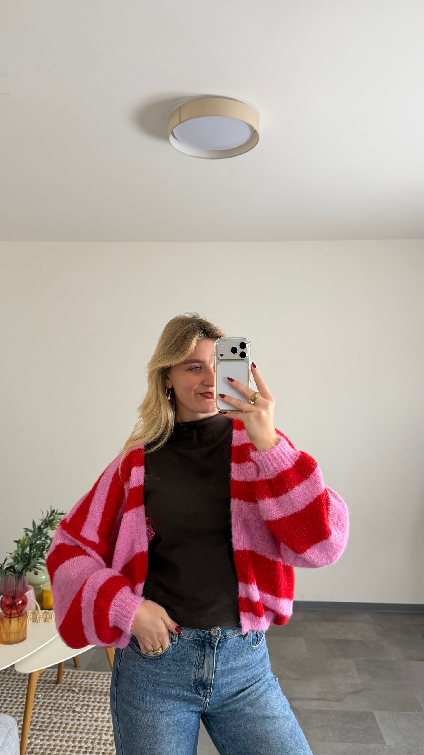 COMFY STRIPED CARDIGAN PINK RED