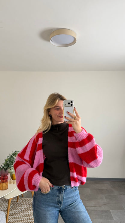 COMFY STRIPED CARDIGAN PINK RED