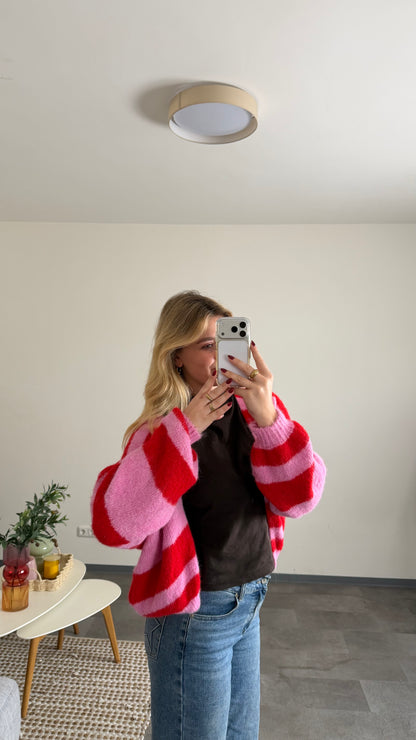 COMFY STRIPED CARDIGAN PINK RED