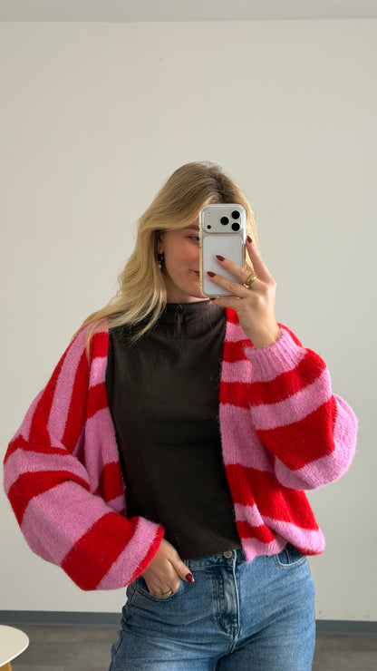 COMFY STRIPED CARDIGAN PINK RED