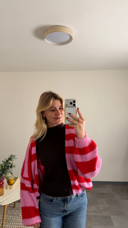 COMFY STRIPED CARDIGAN PINK RED