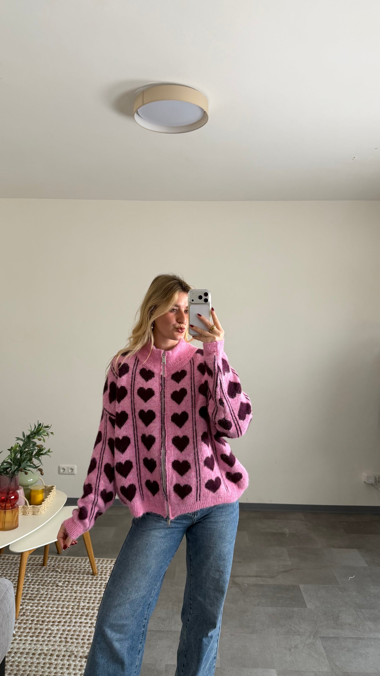 ZIP CARDIGAN HEART PINK BURGUNDY