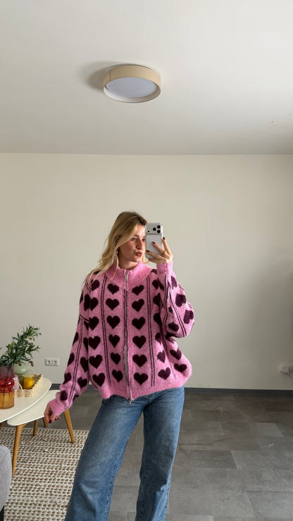 ZIP CARDIGAN HEART PINK BURGUNDY