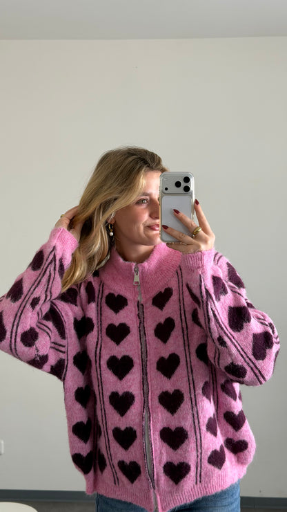 ZIP CARDIGAN HEART PINK BURGUNDY