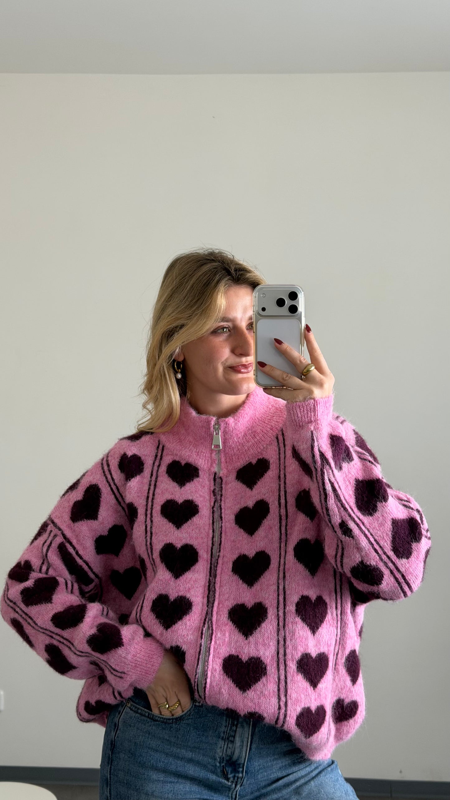ZIP CARDIGAN HEART PINK BURGUNDY