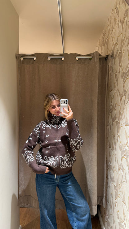 ZIP PAISLEY CARDIGAN BROWN