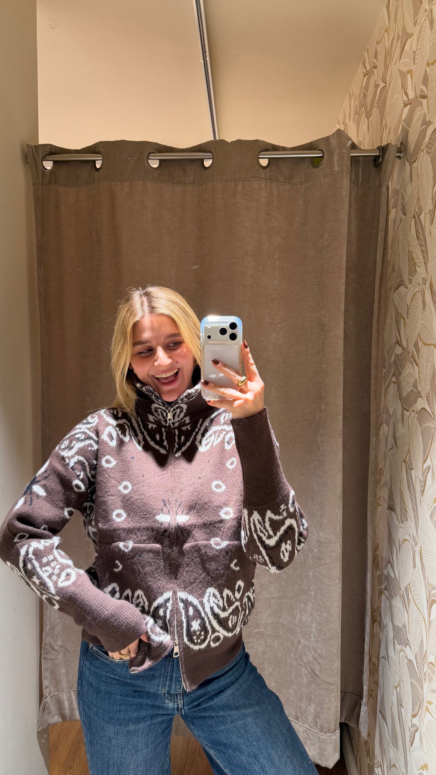 ZIP PAISLEY CARDIGAN BROWN