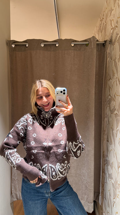 ZIP PAISLEY CARDIGAN BROWN
