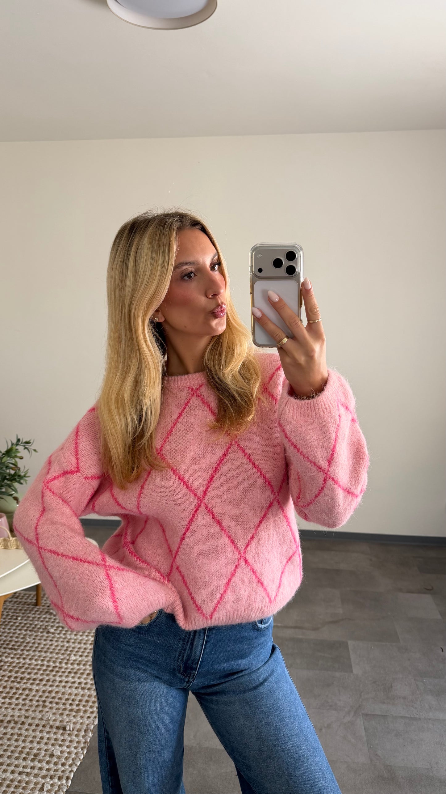 ARGYLE KNIT SWEATER ROSE PINK