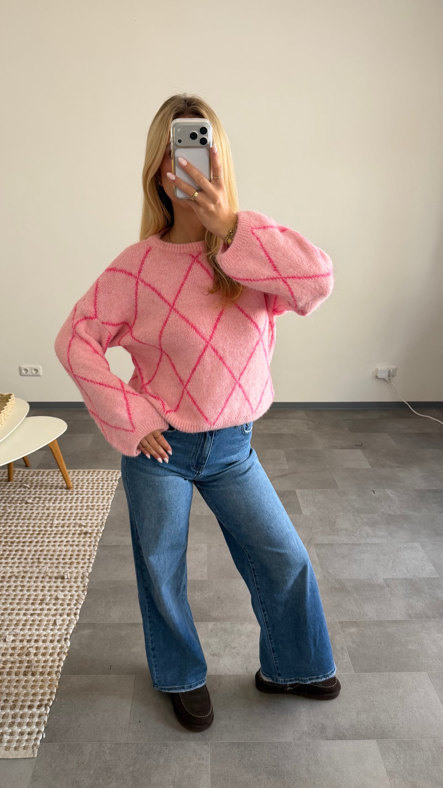 ARGYLE KNIT SWEATER ROSE PINK
