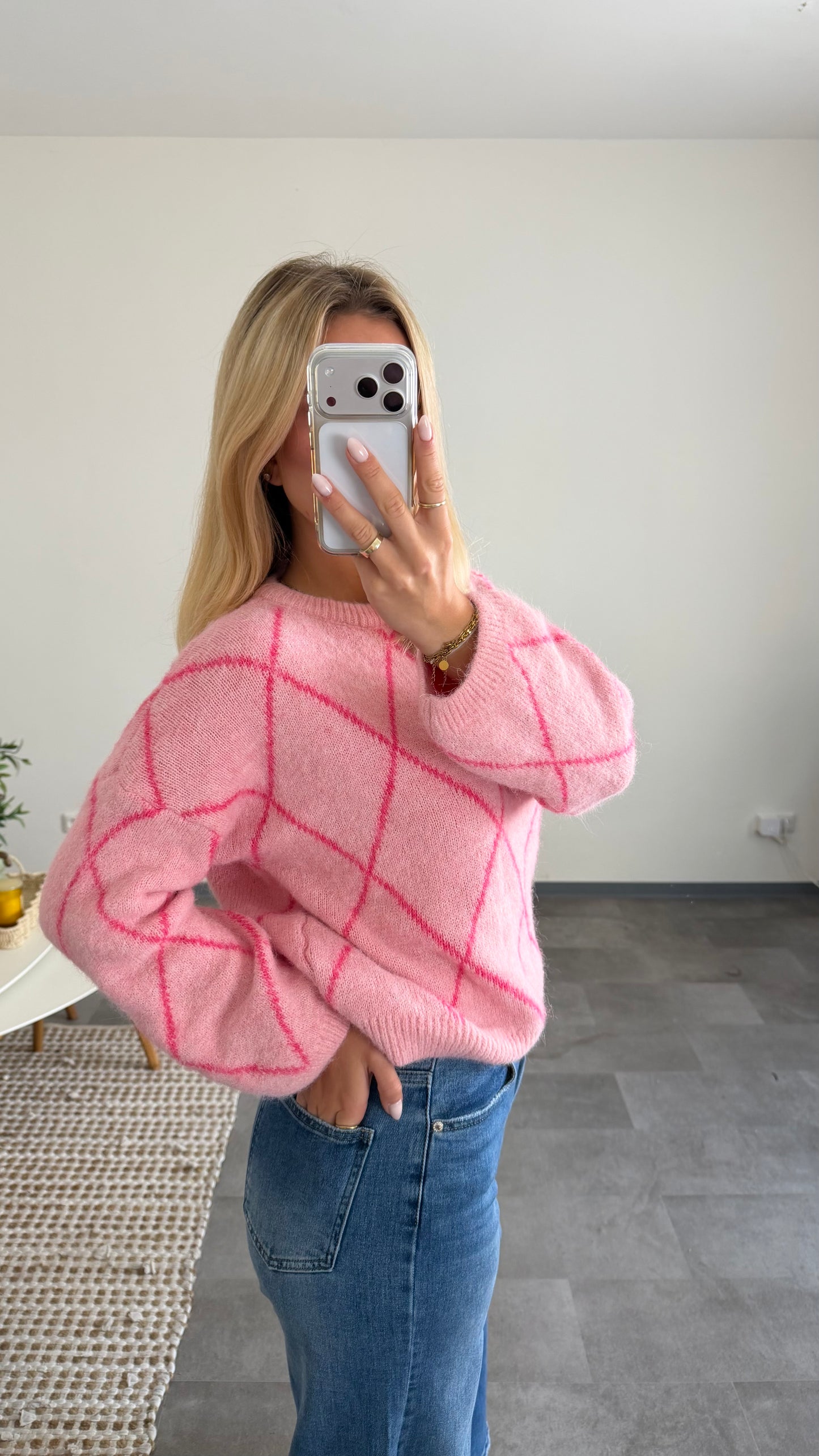 ARGYLE KNIT SWEATER ROSE PINK