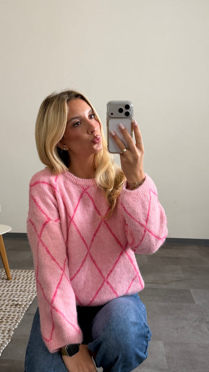 ARGYLE KNIT SWEATER ROSE PINK
