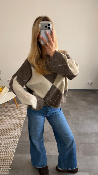 ARGYLE KNIT SWEATER MOCCA MIX
