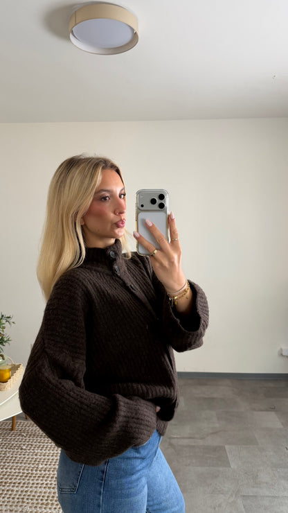 HIGH FUNNEL NECK BUTTON CARDIGAN CHOCLATE