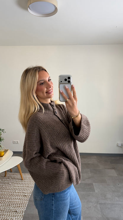 HIGH FUNNEL NECK BUTTON CARDIGAN MOCCA