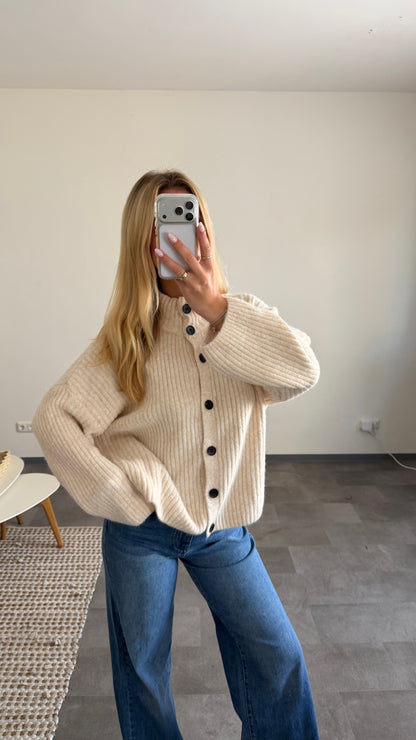 HIGH FUNNEL NECK BUTTON CARDIGAN BEIGE