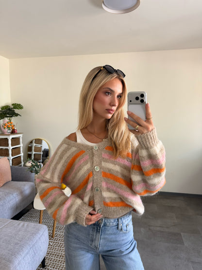 STRIPE BUTTON CARDIGAN AUTUMN ROSE
