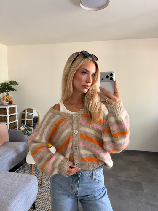 STRIPE BUTTON CARDIGAN AUTUMN ROSE