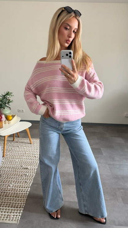 OFF-SHOULDER STRIPE KNIT PINK VANILLA